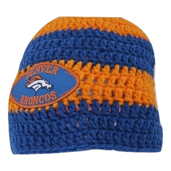 Women’s Homemade Hand Crocheted Orange & Blue Flower Beanie Winter Hat Broncos - Picture 2 of 2
